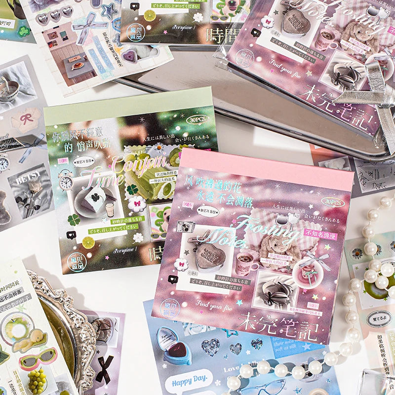 30 Sheets Cute Die-Cut Sticker Book - Hand account Decoration Scrapbooking Decals for Junk Journals & DIY Crafting Qme
