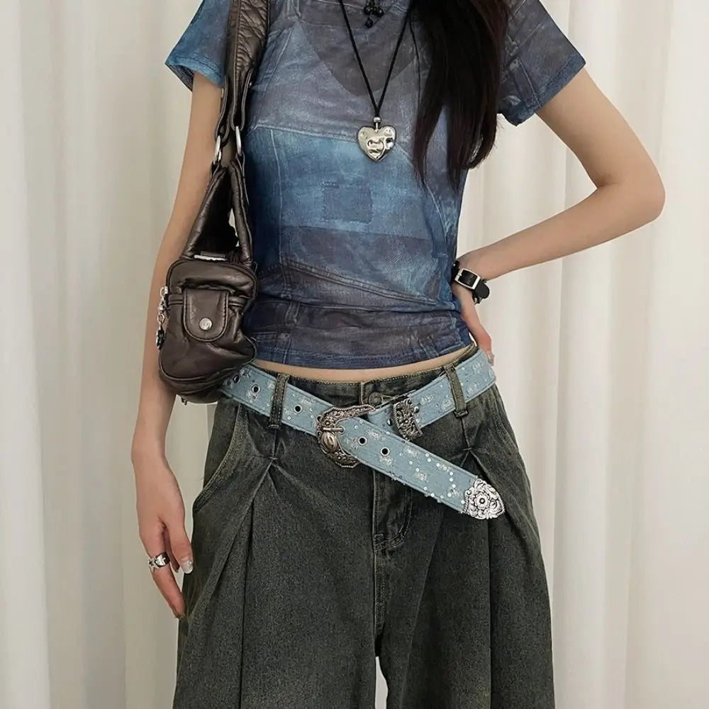Casual Korean Sequin Belt Harajuku Y2k Metal Buckle Aesthetic Ripped Qme