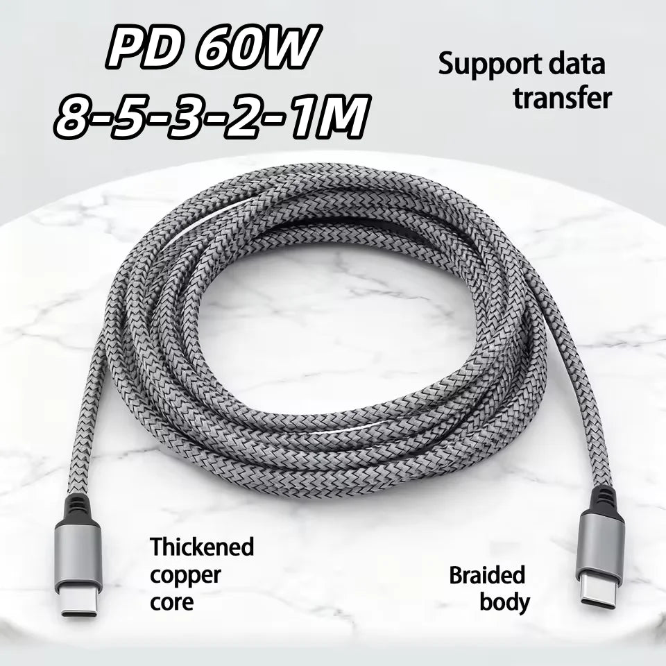 PD 60W Type-C to C Fast Charging Extension Data Cable Nylon Braided PD Data Cord For iPhone 17 15 Xiaomi Samsung 1M 2M 3M 5M 8M Qme
