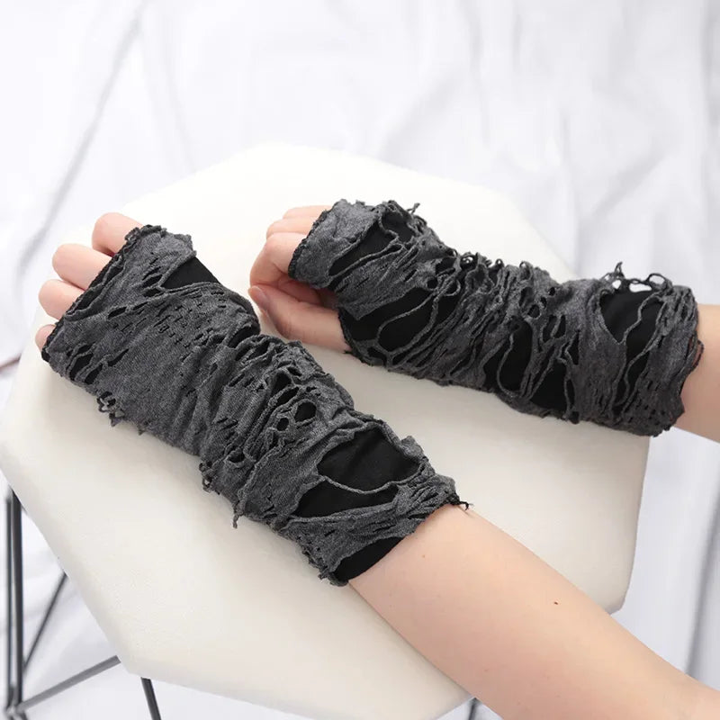 1Pair Broken Slit Gloves Punk Gothic Black Fingerless Unisex Hole Qme Dark Grey One Size