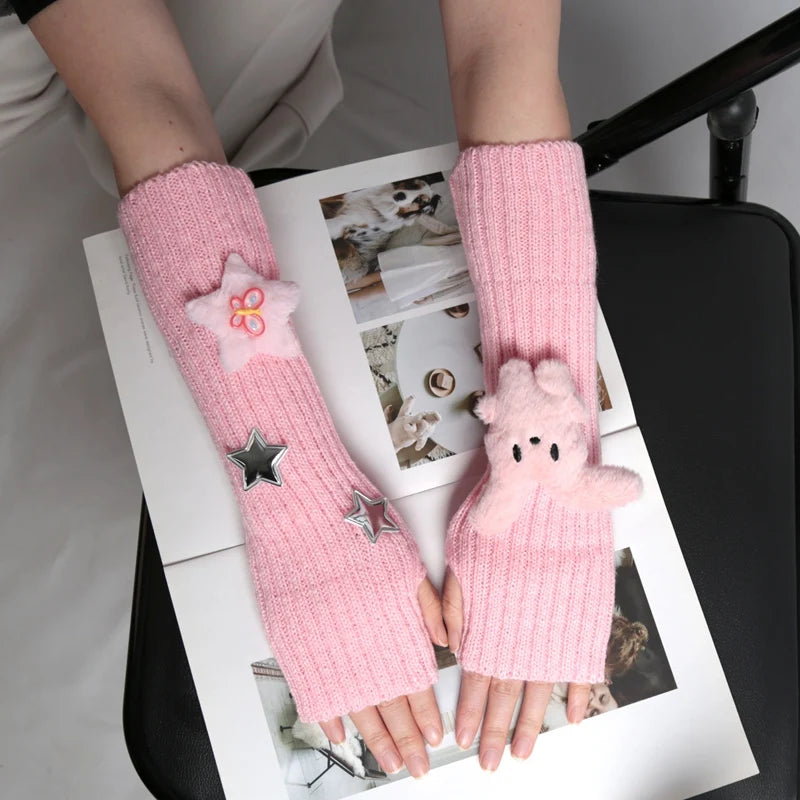 1 Pair of Girls Cute Fingerless Gloves with Star Decoration Fashionable Accessory Gloves Casual Long Wrist Punk Gothic Gloves Qme pink
