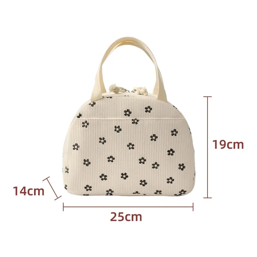 Corduroy Lunch Bag Portable Thermal Insulation Women's Cute Print Large Capacity Picnic Bento Box Handbag for Lunch Storage Qme BeigeFlower