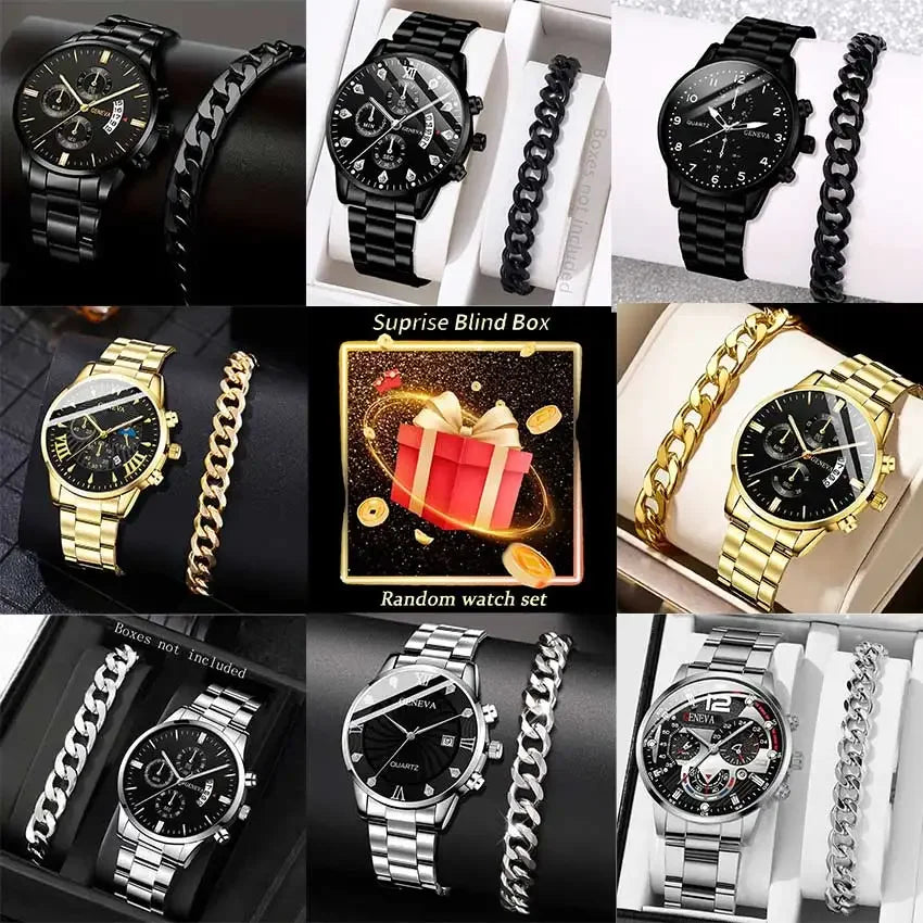 2PCS/SET Fashion Men's Watch Business Trend Versatile Quartz Watch Bracelet Set is The Perfect Gift Set For Friends or Fathers Qme Watch blind box