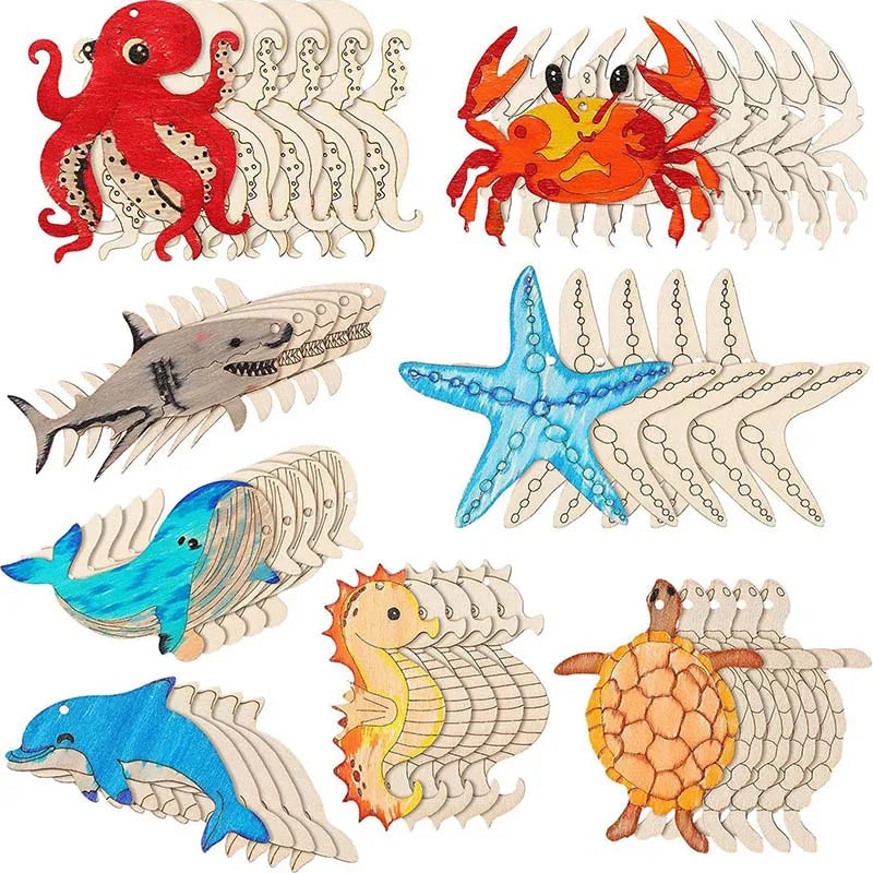 5Pcs Blank Marine Animal Wooden Crafts Painting Graffiti Material Art Coloring Pendant For Children Handmade Decor DIY Material Qme