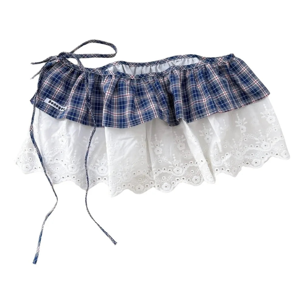 Sweet Balletcore Plaid Fart Curtain Korean Lace Up Mini Skirts Qme Style D