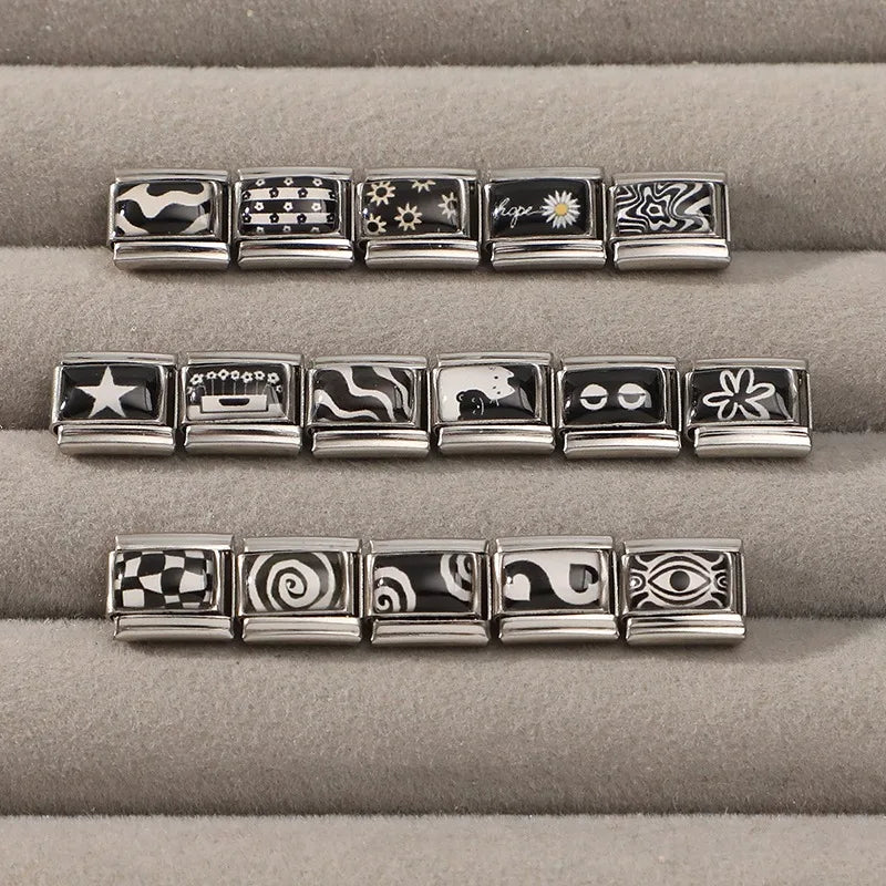 Fashion Personalized DIY Black Color Italian Charm Bracelet Stars Heart Sun Fishs Eyes Bead 9mm Bracelet Stainless Steel Jewelry Qme