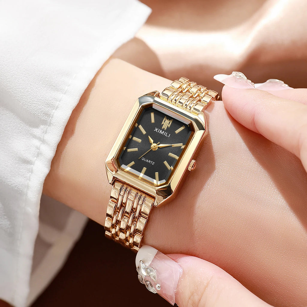 Fashion Ladies Rectangle Dial Dress Watch Golden Metal Strap Watch Qme