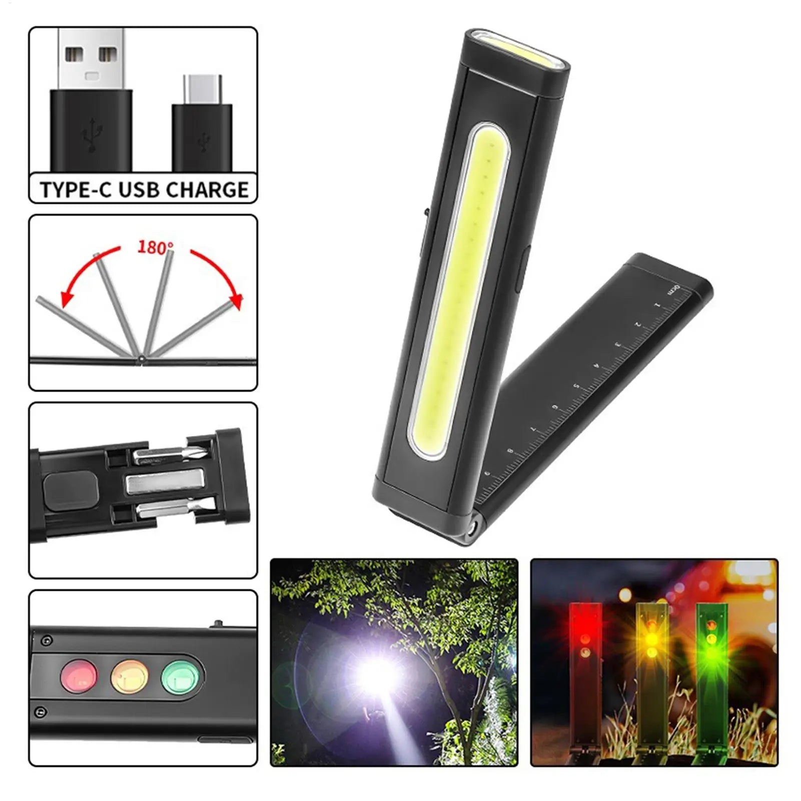 Bright Flashlight Rechargeable Foldable Ruler LED Work Light Camping Qme