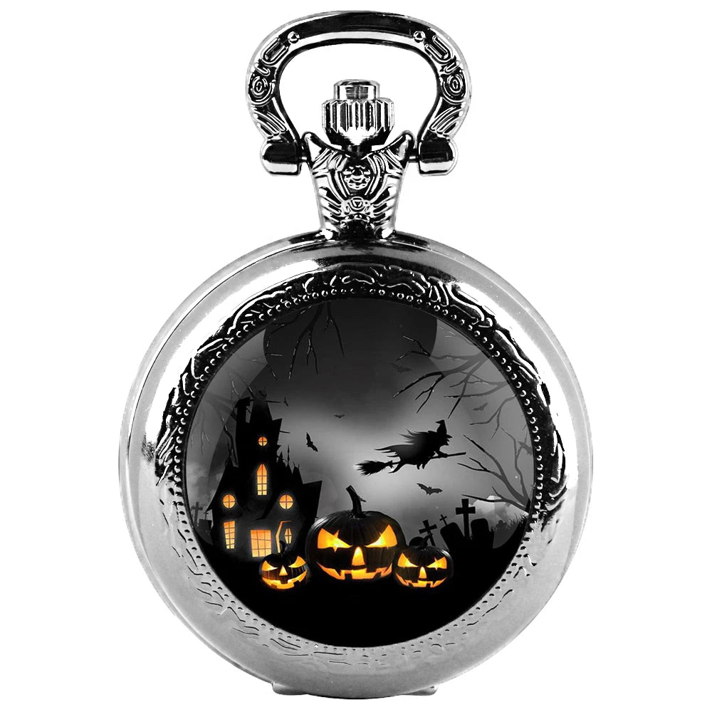 Pumpkin Witch Glass Dome Quartz Pocket Watch With Durable Chain Arabic Numeral Dial Halloween Gifts for Kids Qme Silvery