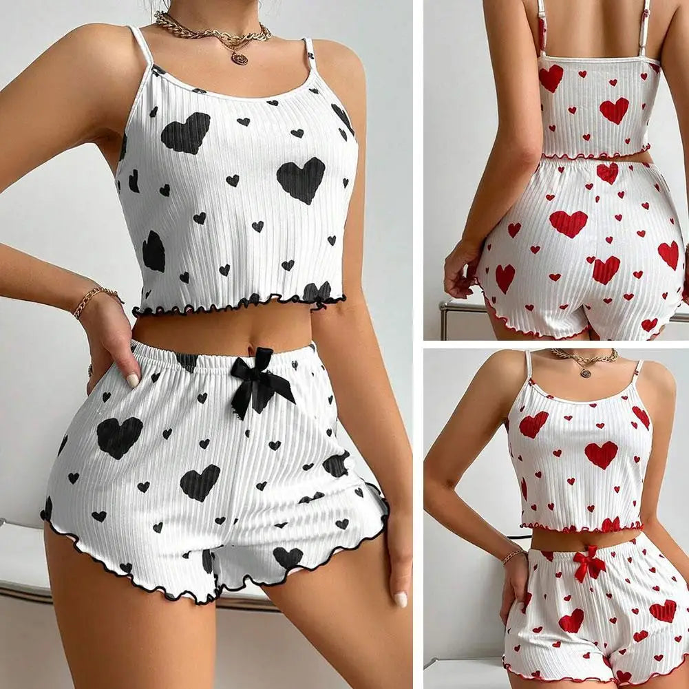 2pcs Women's Pajama Set Sexy Cute Kawaii Pajamas Women suspenders Sun-Tops Loungewear Set Shorts Lolita Heart Silk Sleepwear Qme