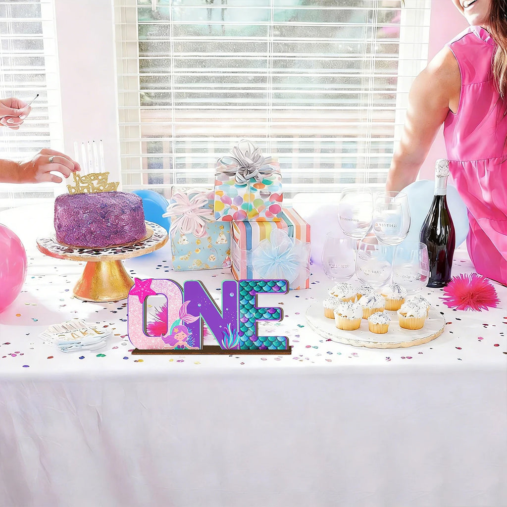 1SET 2D Mermaid Princess Theme "ONE" Letter Wooden Desktop Decoration, Birthday Party Desktop Decoration Qme