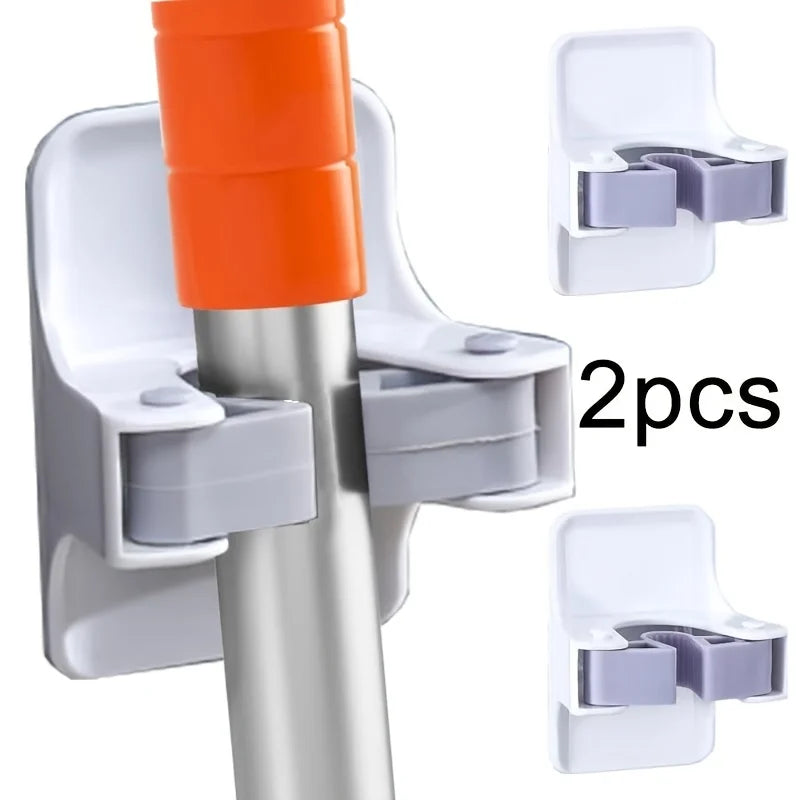 2pcs Broom Rack, Wall Mounted Mop, Gripper, Non Drilling Self-adhesive Anti Slip Mop Handle, Hanging Bucket, And Broom Storage Qme