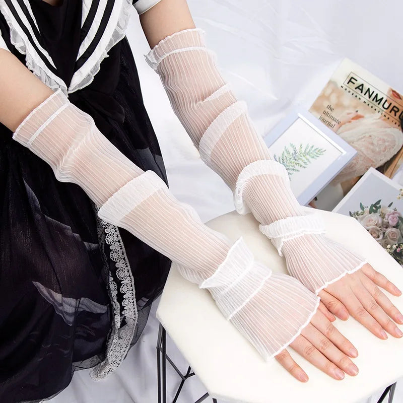 Women Summer Long Sun-protective Sleeve Sweet Fingerless Gloves Qme