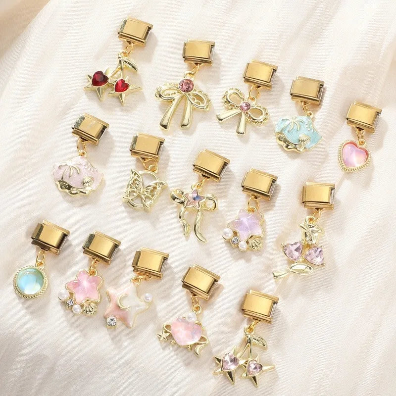 Fashion Flowers Rose Zircon Bowknot Butterfly Golden Italian Charm Links Fit 9mm Stainless Steel Bracelet Women DIY Making Gifts Qme