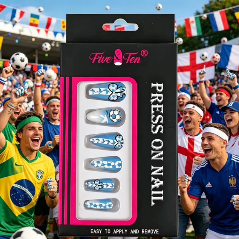 Argentina Press On Nails Blue White Football Fan Party False Nails Waterproof Easy Apply Remove Qme