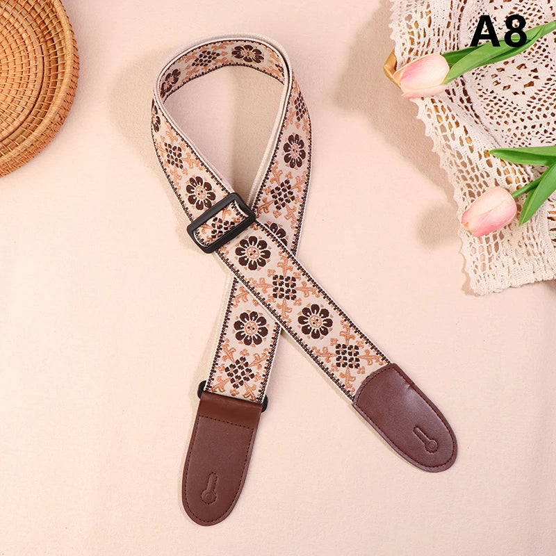 Guitar Strap Bass Cotton Leather Embroidery Straps Adjustable Neck Qme A8