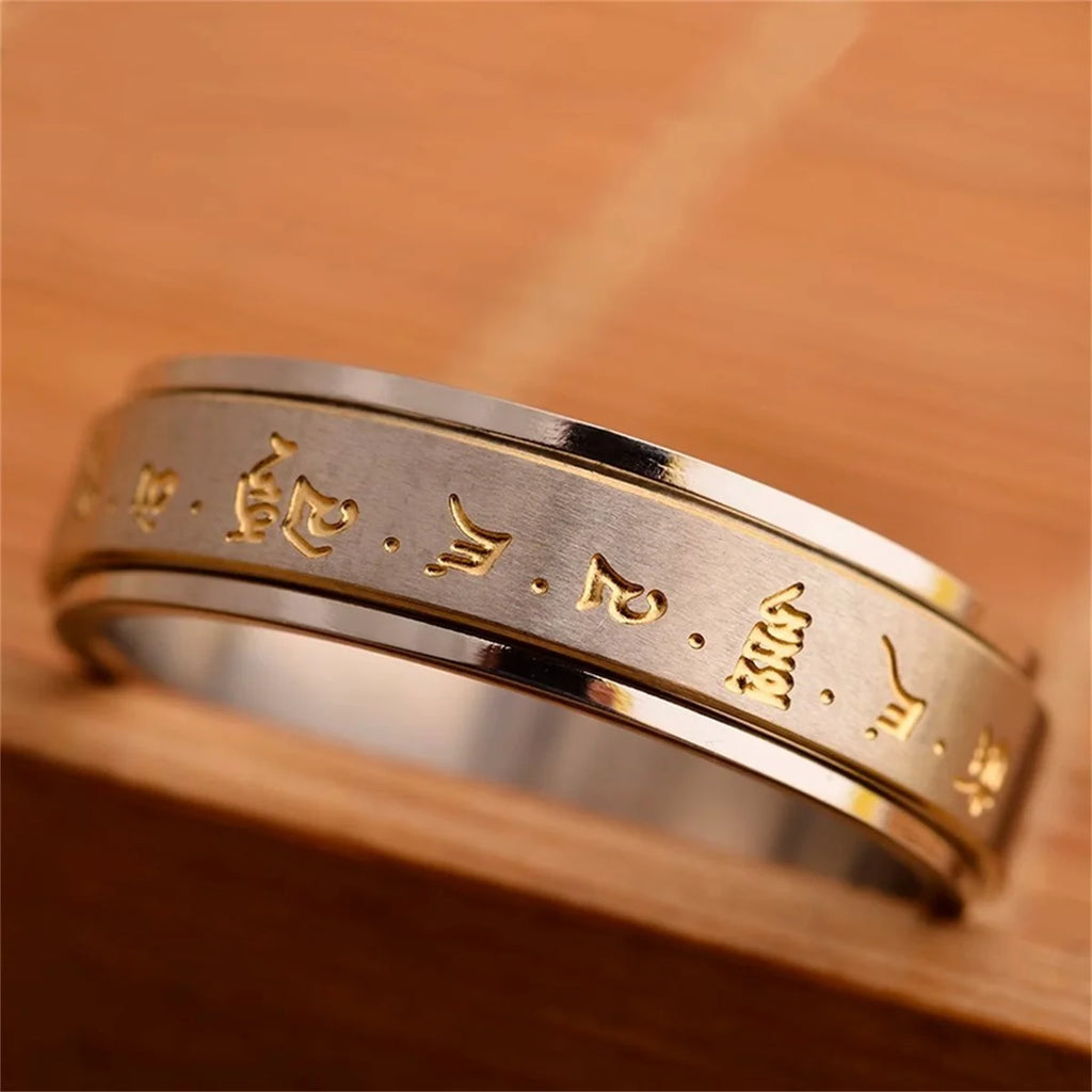 Fashion Men Buddha Rotation Spinning Mantra Letter Ring Transfer lucky Charm Ring Titanium Steel Fine Jewelry Gift Rings Qme