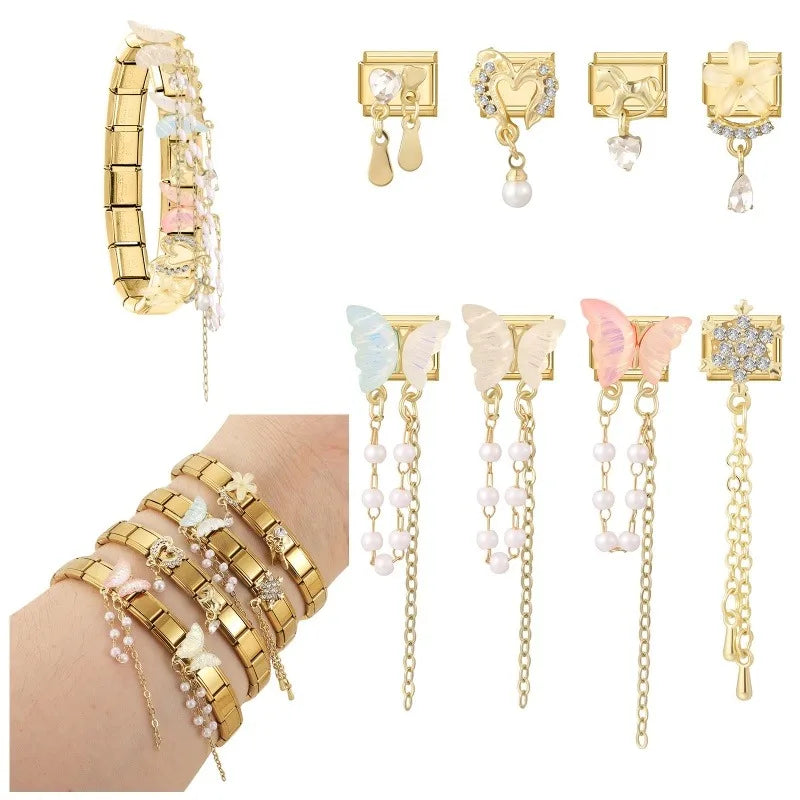 New Shiny Snowflake Zircon Pearl Tassel Chain Italian Charm Links Fit 9mm Stainless Steel Bracelet Women Jewelry DIY Making Gift Qme