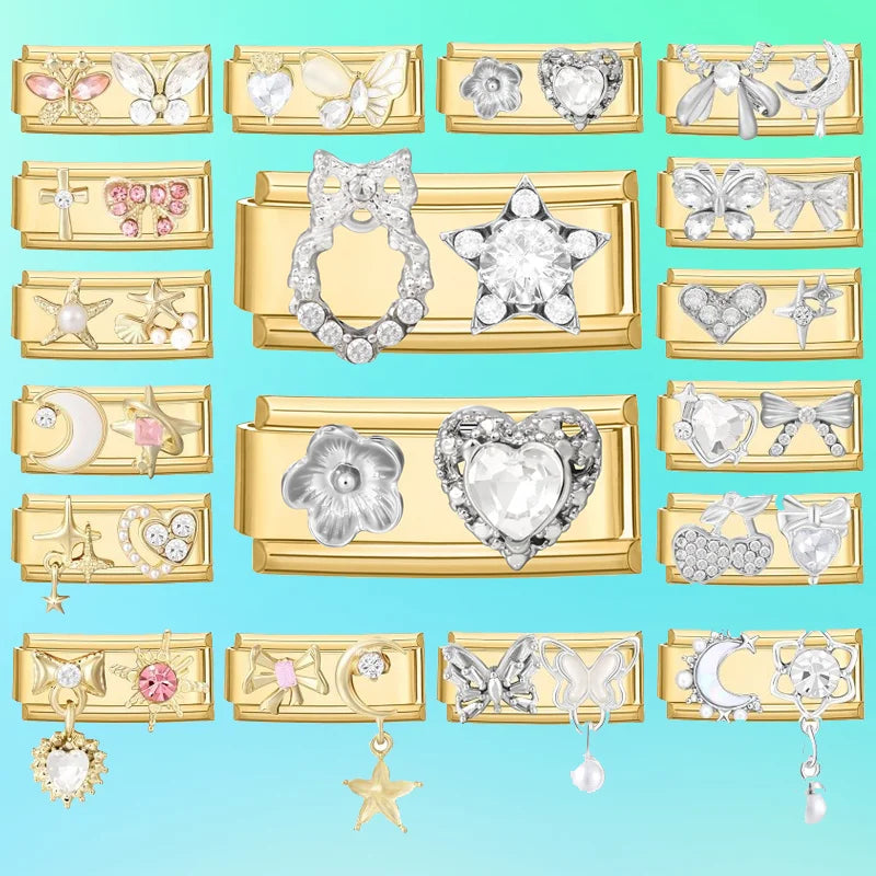 New Fashion Gold Color Cute Bows Garland Big Zircon Stars Hearts Italian Charm Links Fit 9MM Stainless Steel Bracelet DIY Making Qme