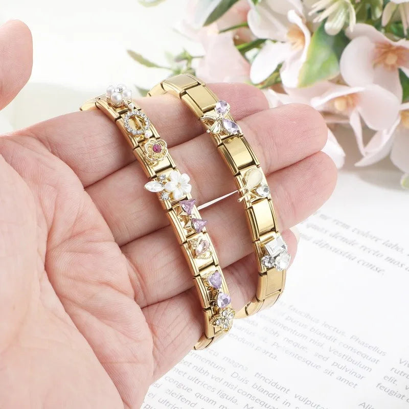 Premium Gold Color Zircon Bowknot Italian Charm Bracelet Stainless Steel Elastic Bracelet Link Bangle DIY Women Men Jewelry Gift Qme