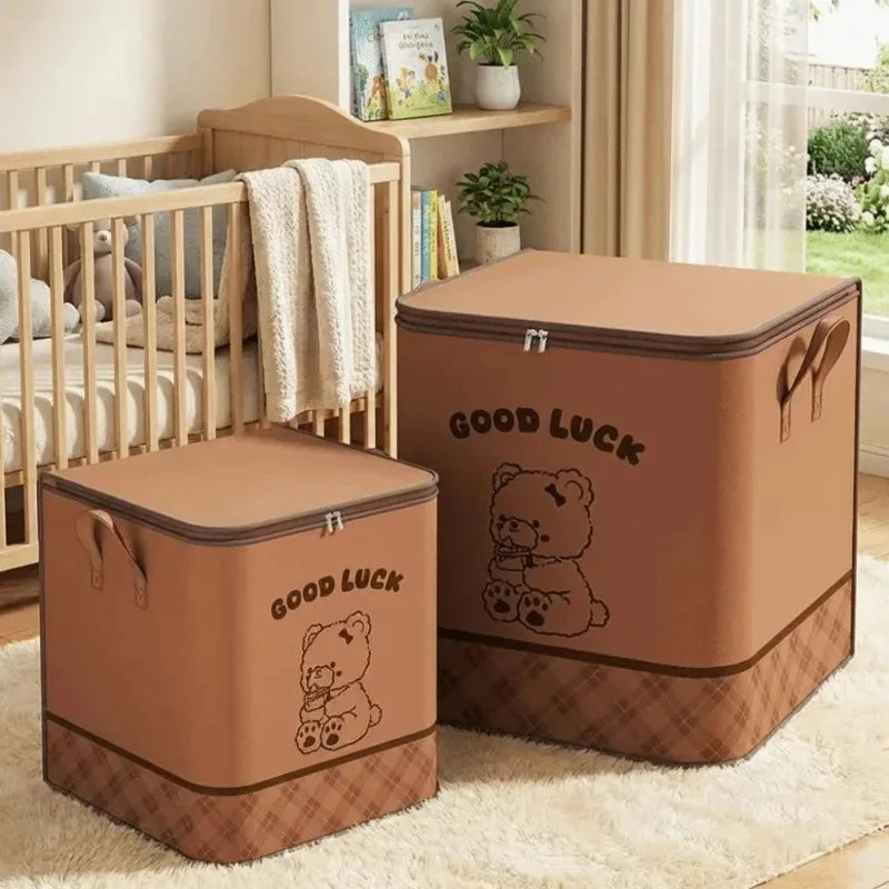 Portable Household Moving Foldable Storage Bag Large Capacity Quilt Dustproof Storage Bag Cute Bear Pattern Clothes Storage Box Qme