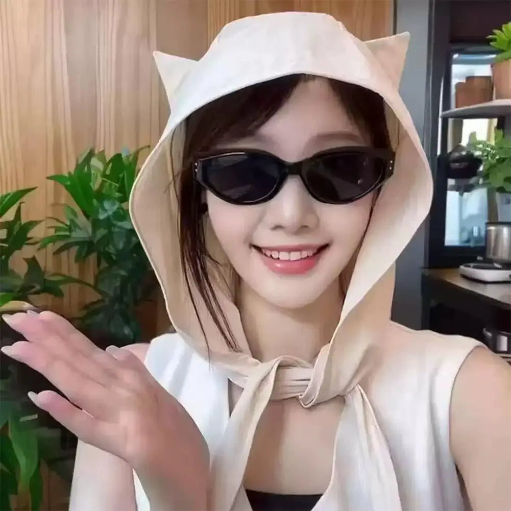 Cute Ear Sunshade Caps Hooded Hat Unisex Summer Fisherman Strap Qme