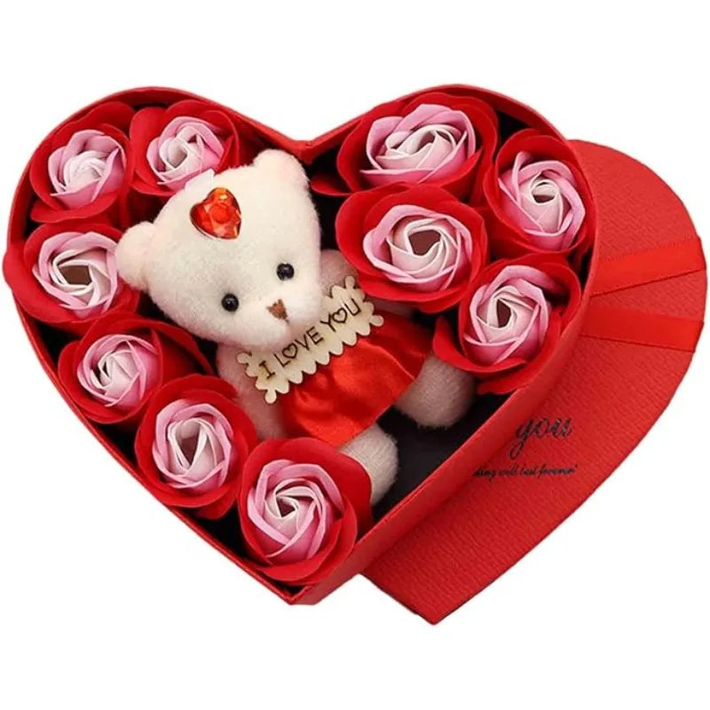Valentine's Day 10 Floral Rose Artificial Flowers 1 Bear Box Qme Style 2