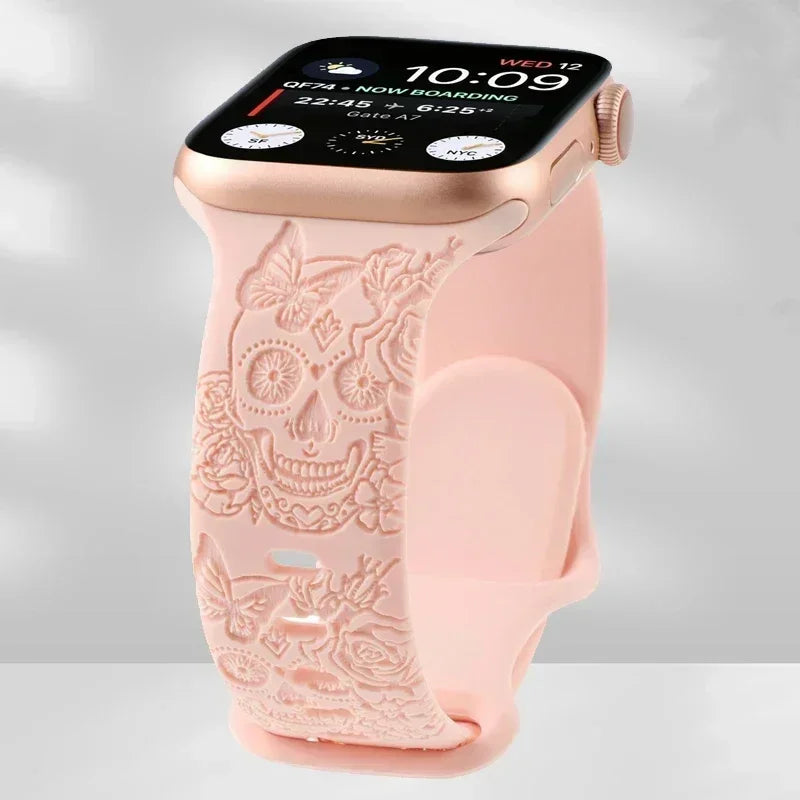 Skull Engraved Strap For Apple Watch Band Ultra 2 49mm 45 44 40 41 42 38mm Silicone Sport Bracelet For iWatch Series 8 9 7 65 SE Qme Pink 42mm 44mm 45mm 49mm