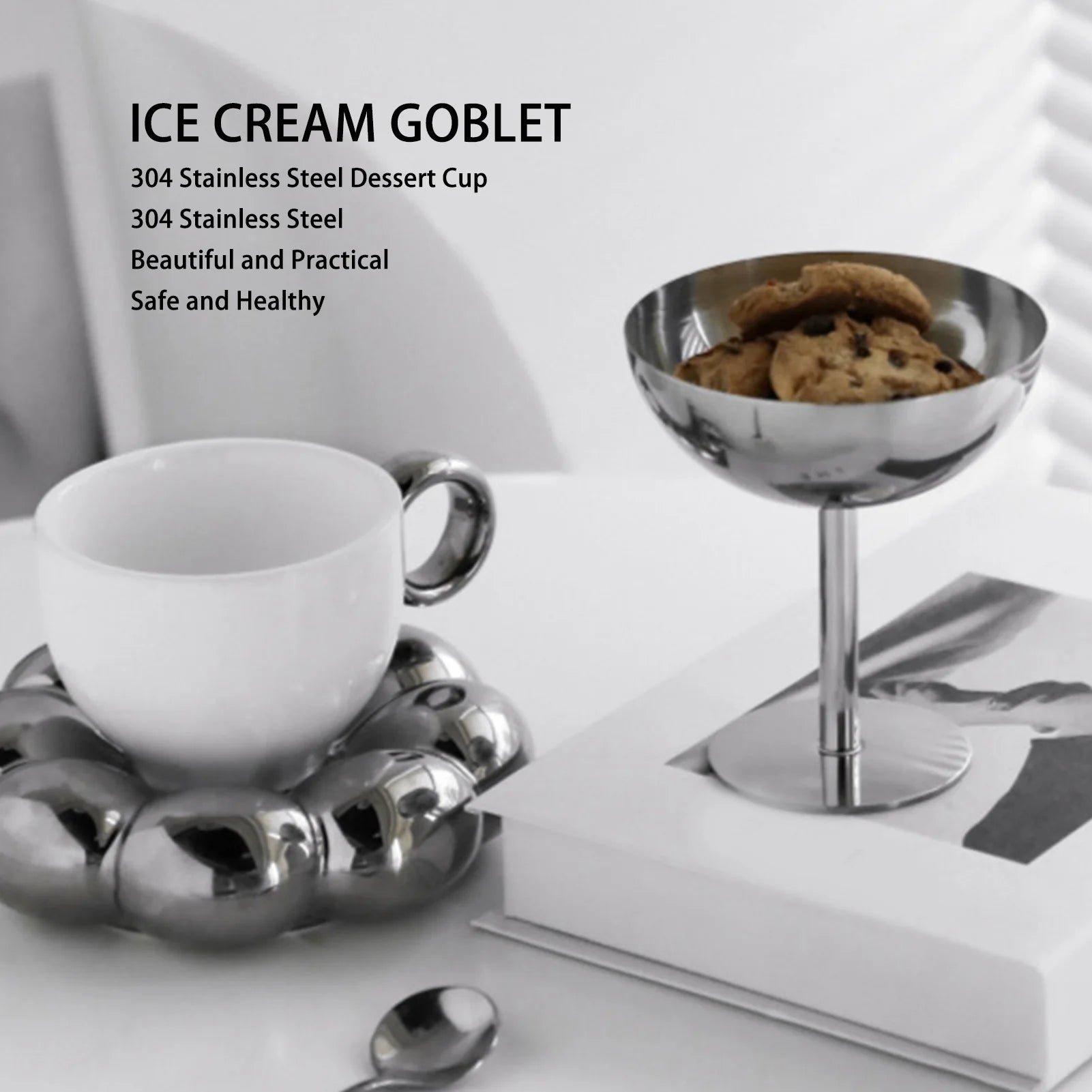 Stainless Steel Ice Cream Goblet Food Grade Dessert Cup Dishwasher Safe Champagne Style Goblet for Party Family Bar Cafe Qme
