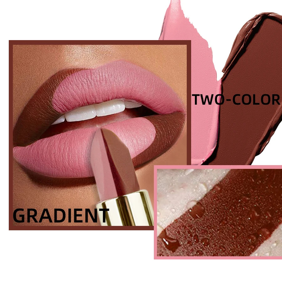 Two-tone Matte Lipstick Pink Waterproof Lip Makeup Easy Use Refill Qme