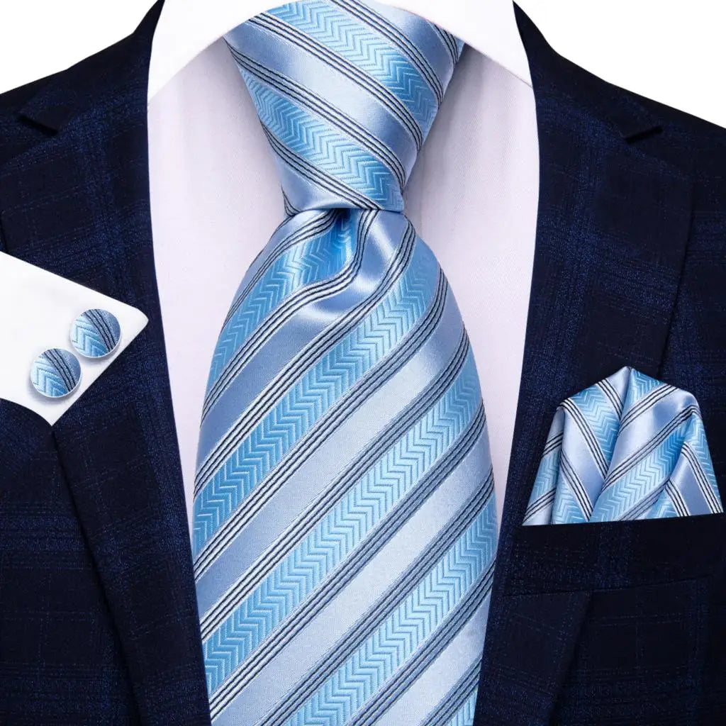 Hi-tie Men Fashion Striped Navy Blue Necktie Handkerchief Cufflinks