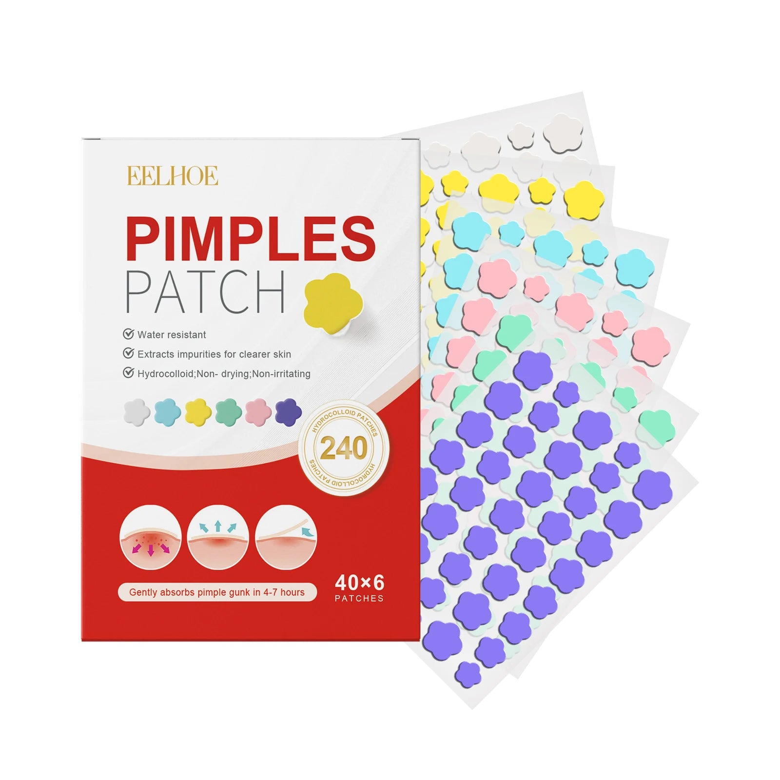 240Pcs Salicylic Acid Acne Pimple Patches Colorful Round/Heart/Flower/Star Shape Acne Removal Skin Care Stickers Covering Zits Qme Flower 240Pcs
