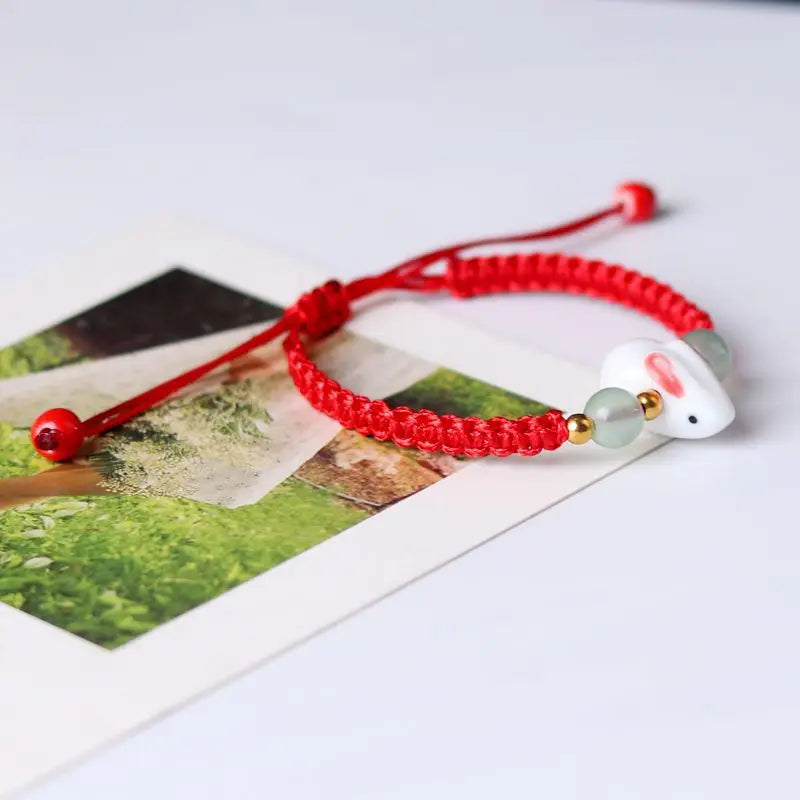 Cute Charming Rabbit Ceramic DIY Crystal Bracelet Men and women lucky pendant woven bracelet Young fashion jewelry accessories Qme red 21cm