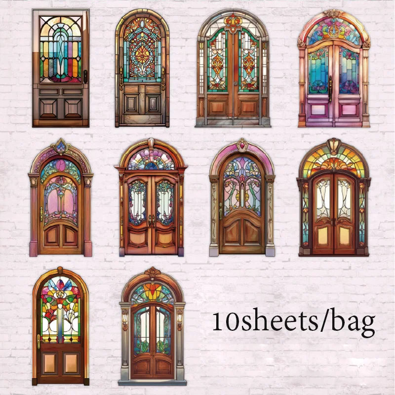 Vintage Door Frame Sticker Pack 10 Sheets/Bag Scrapbook Stationery DIY Journal Phone Case Notebook Decoration Qme 6