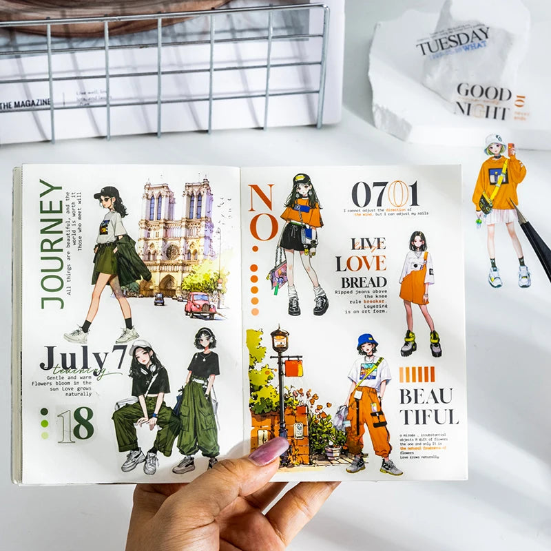 Trendy Character Outfit Washi Tape & Stickers | Scrapbook & Collage Decorations, Perfect for Gifts & Art Collections Qme