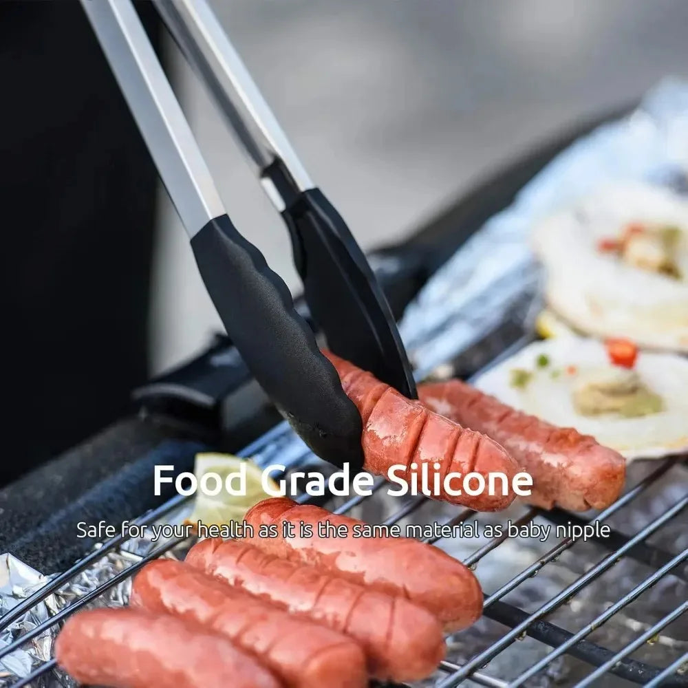 Multi-Size Lock Kitchen Tongs 7/9/12Inch Silicone Tip Heat Resistant Barbecue Gadget for Home Cooking Outdoor BBQ Use Qme