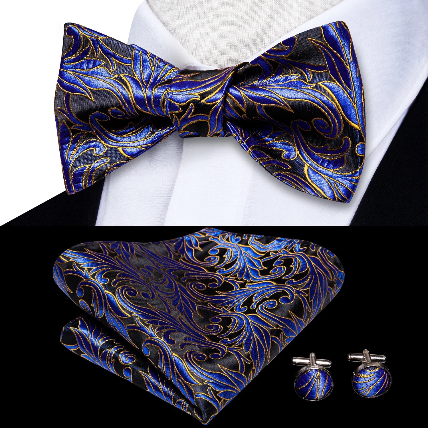 Hi-Tie Silk Mens Self Bow Tie Hanky Cufflinks Set Blue Red Gold Black White Male Jacquard Butterfly Knot Bowtie Wedding Business Qme LH-2042