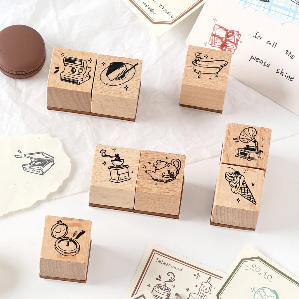 8 Pcs Vintage Cartoon series Wooden Rubber Letter Number Symbol Stamp Set For Card Making Planner Scrapbook Qme