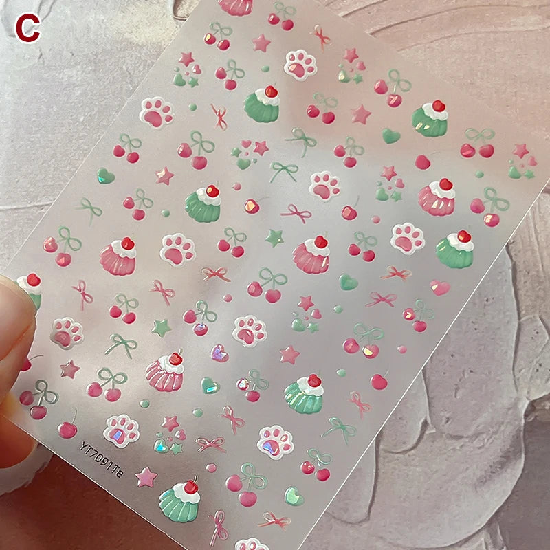 Fresh Sweet Fruits Strawberry Cherry Bowknot Love Heart Bow 5D Nail Qme C