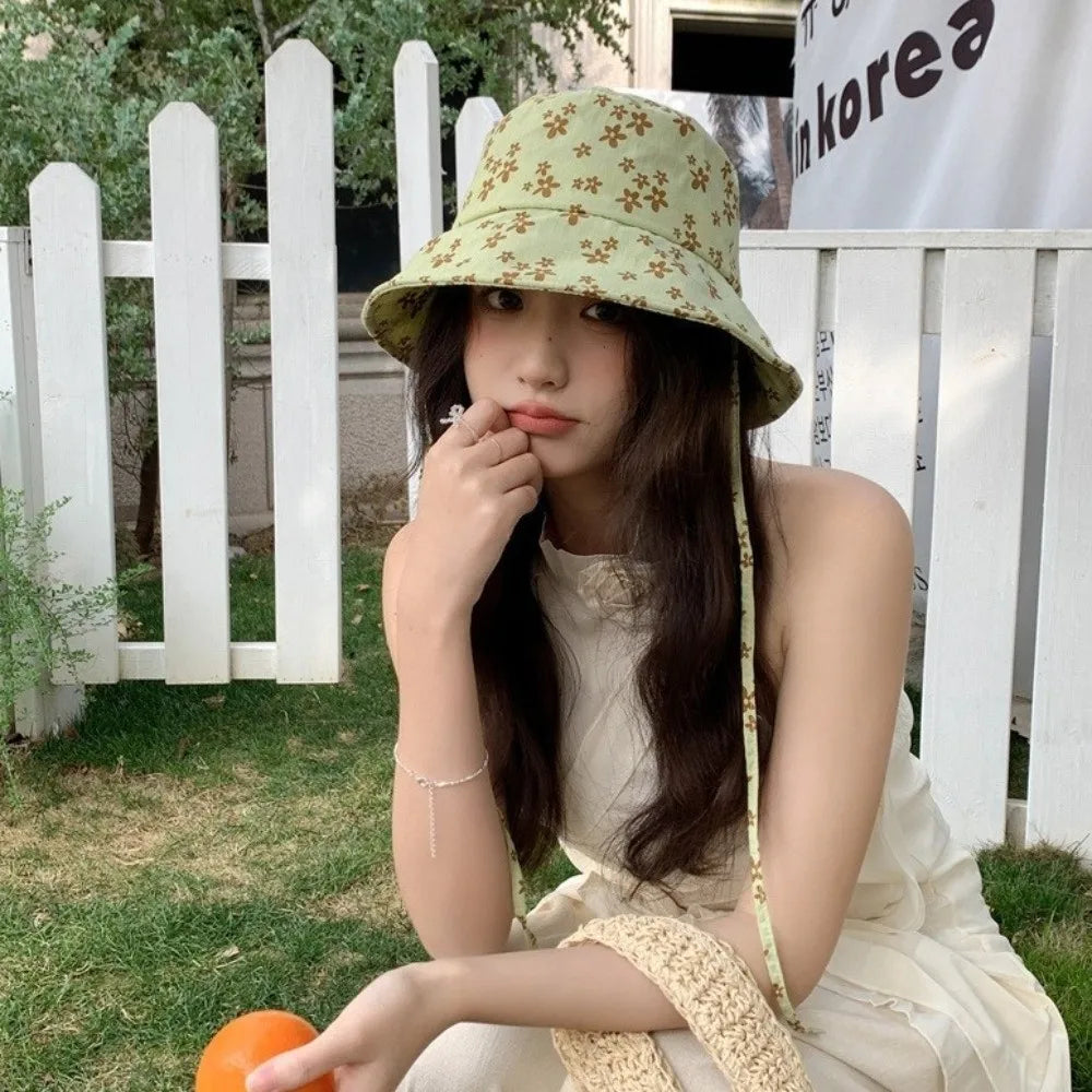 Cute Polyester Floral Print Bucket Hat Double Sided Adjustable Sun Hat Wide Brim Foldable Basin Cap Women Qme