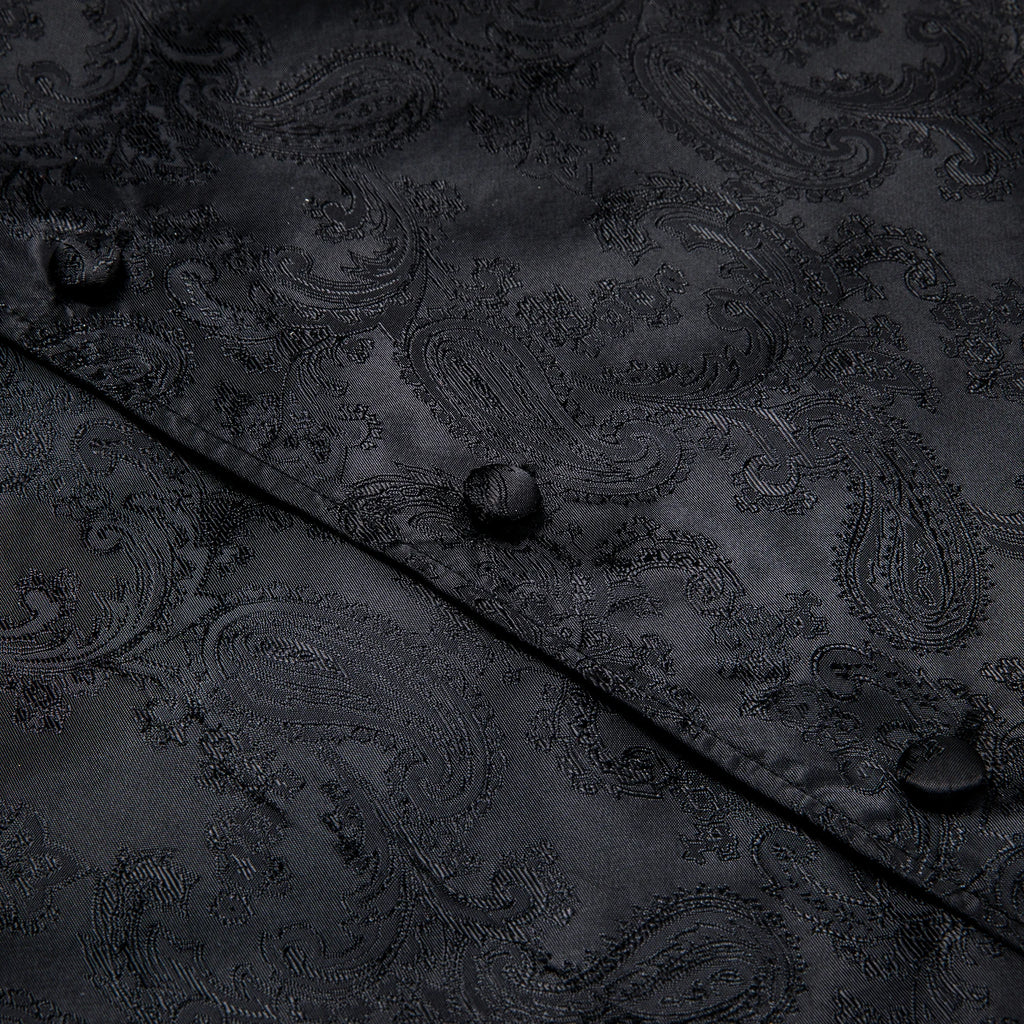 Hi-tie Silk Mens Suit Vests Woven Black Paisley Waistcoat Tie Pocket Qme