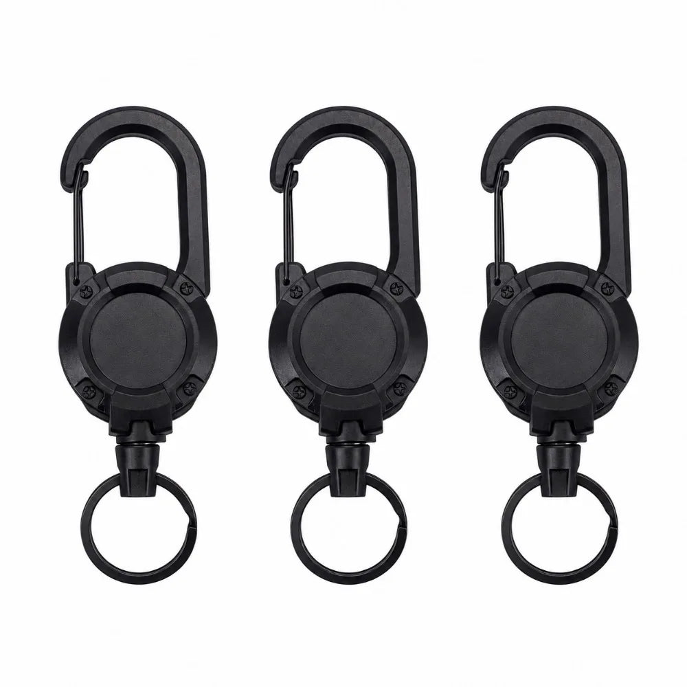 Retractable Heavy Duty Key Reel Carabiner Keychain Strong Steel Wire Rope Spring Buckle Ring For Outdoor Sports Daily Carry Tool Qme Black-3 PCS