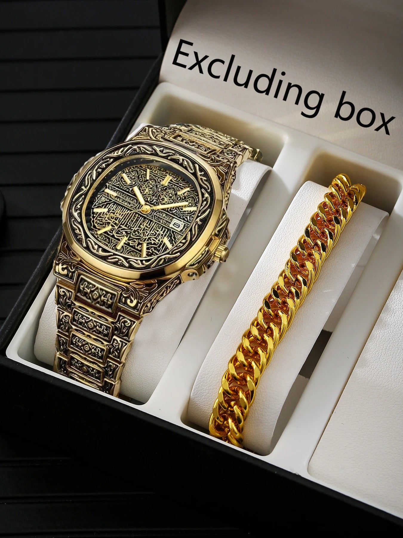 4Pcs Vintage Engraved Gold Men Watch Jewelry Set Qme Bronze