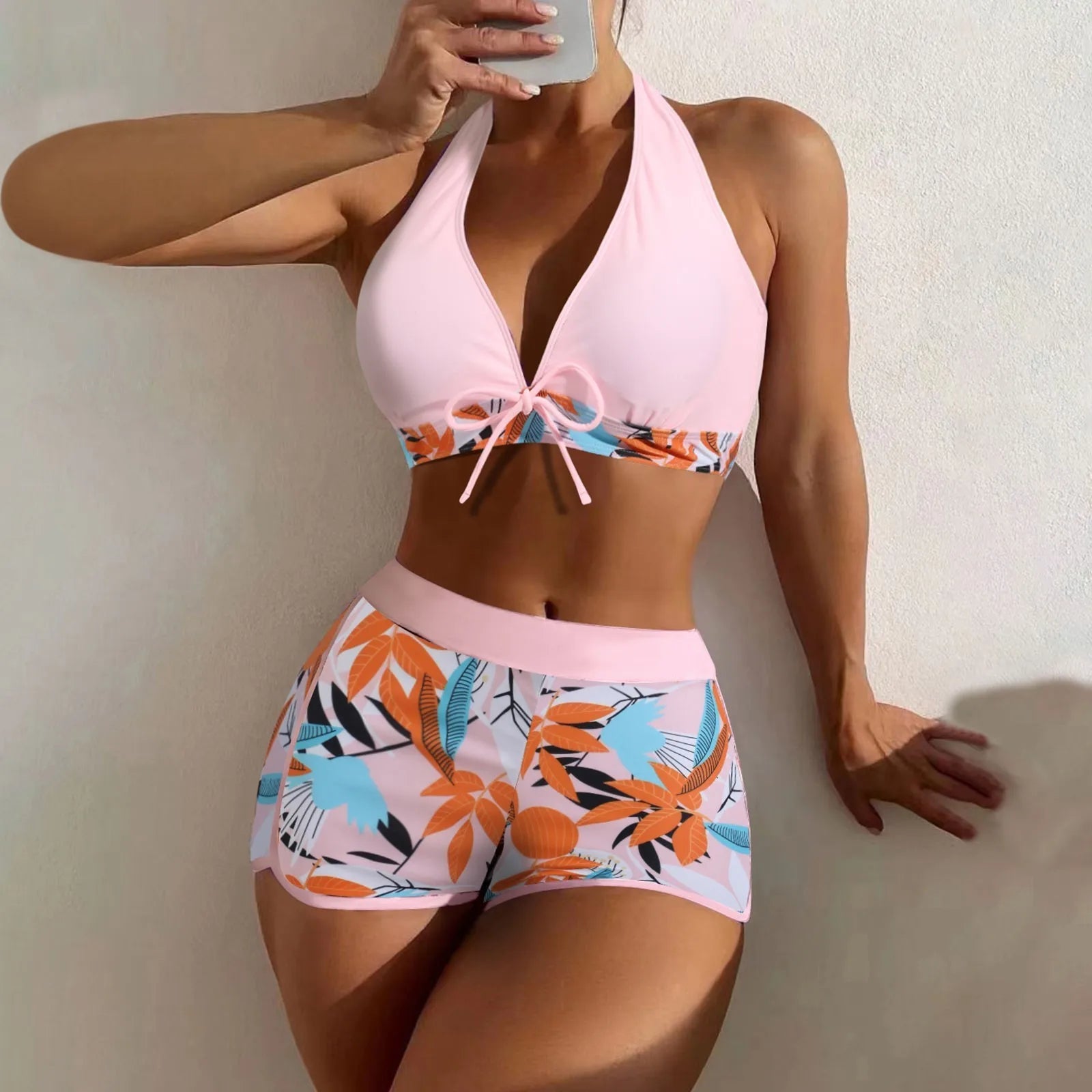 Women's Paneled Printed Swimsuit Ladies Fashion Sexy Split Boxer High Waist Swimsuit Two-Piece Set V-Neck Bathing Suits Female Qme Pink L