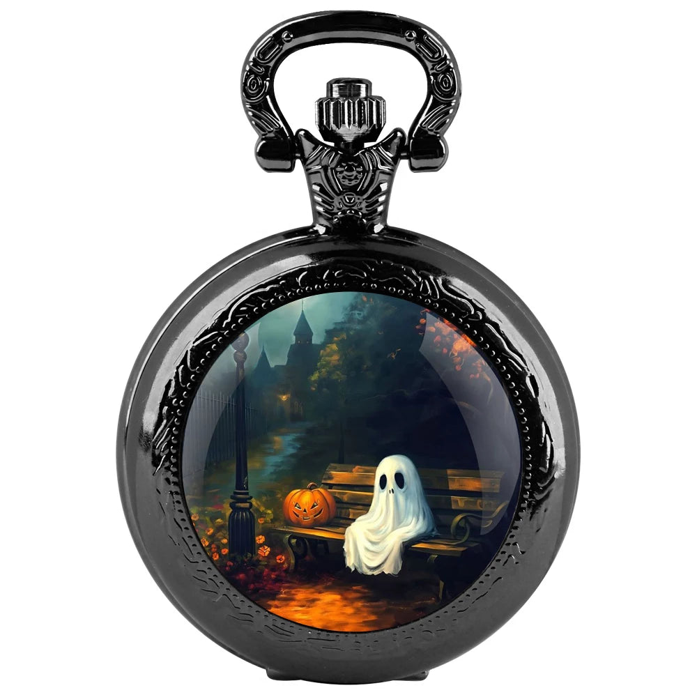 Halloween Cosplay Ghost Glass Dome Quartz Pocket Watch With Durable Chain Arabic Numeral Dial Creative Gifts for Men Women Qme black