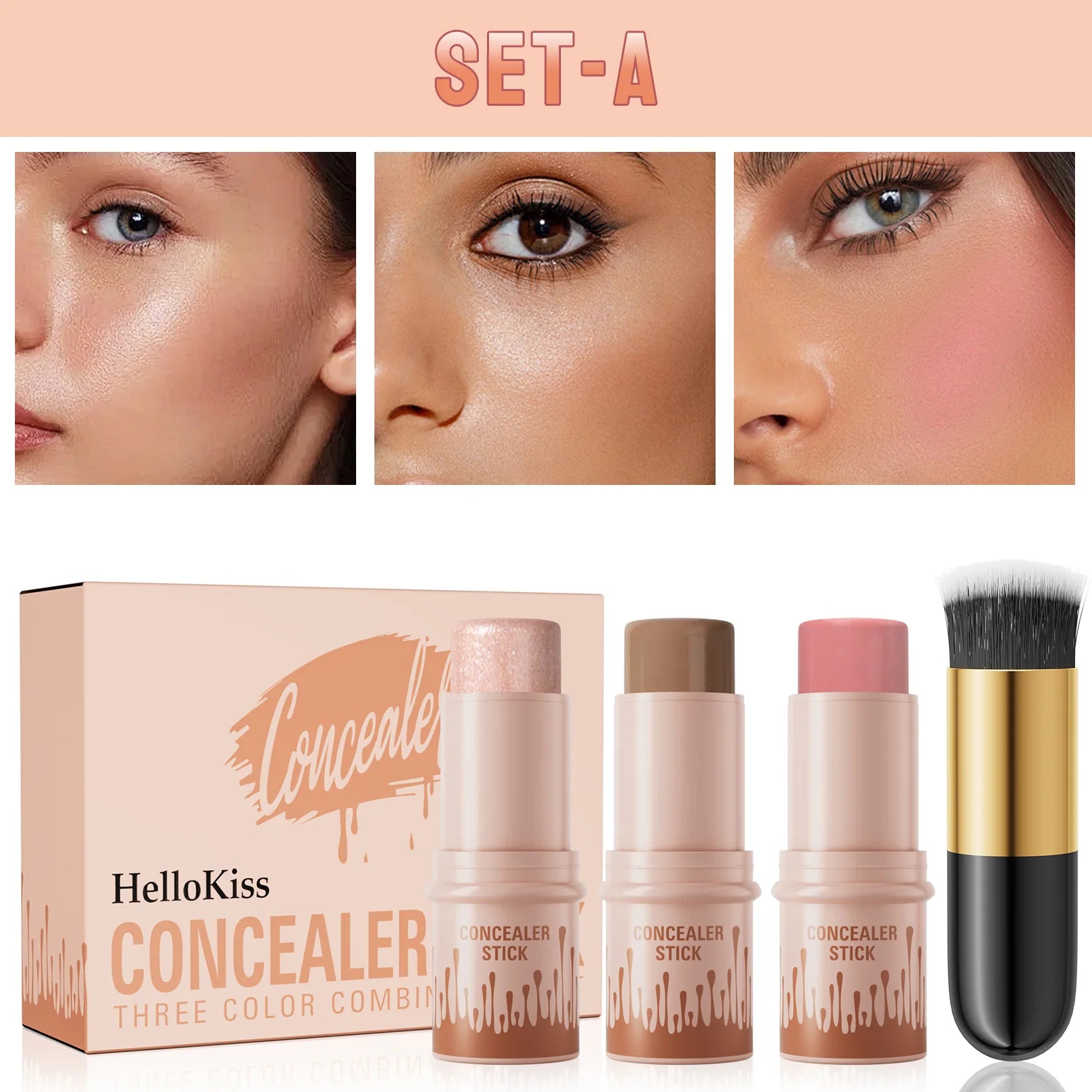 Contour Sticks, Highlighter Stick, Blush Stick, 3-Piece Cream Contour Set Including Contour Brush, Creates Facial Contours Qme 9507A-020-1