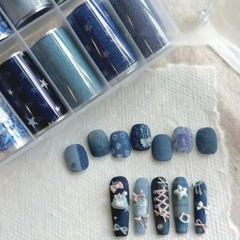 10pcs Nail Art Foil Transfer Paper Pink Grid Pattern Nail Stamping Stickers Sweety Cowboy Style Manicure Decals for DIY Nail Qme Blue denim- 10PCS