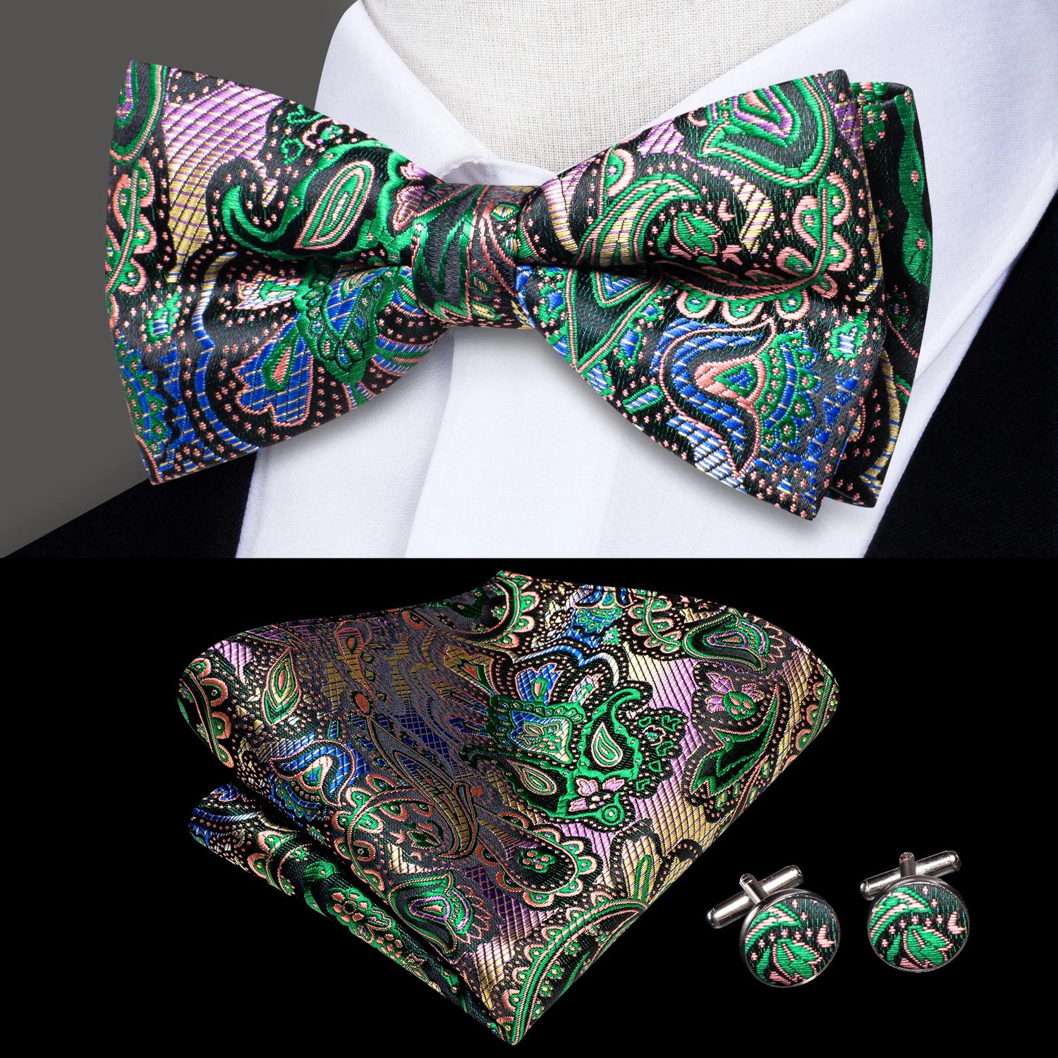 Hi-tie Grey Plaid Jacquard Pre-tied Mens Bow Tie Hanky Cufflinks