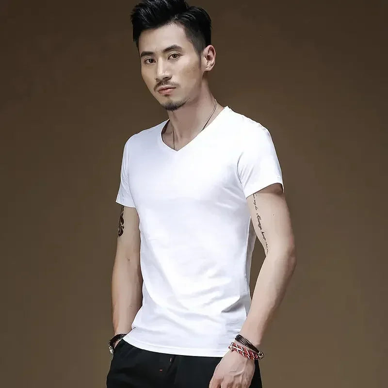 Plain Cotton Gym T-shirt Men Summer Fitness Clothing V-Neck Short Sleeve T Shirt Summer Comfortable Breathable Versatile Top Qme WT 5XL