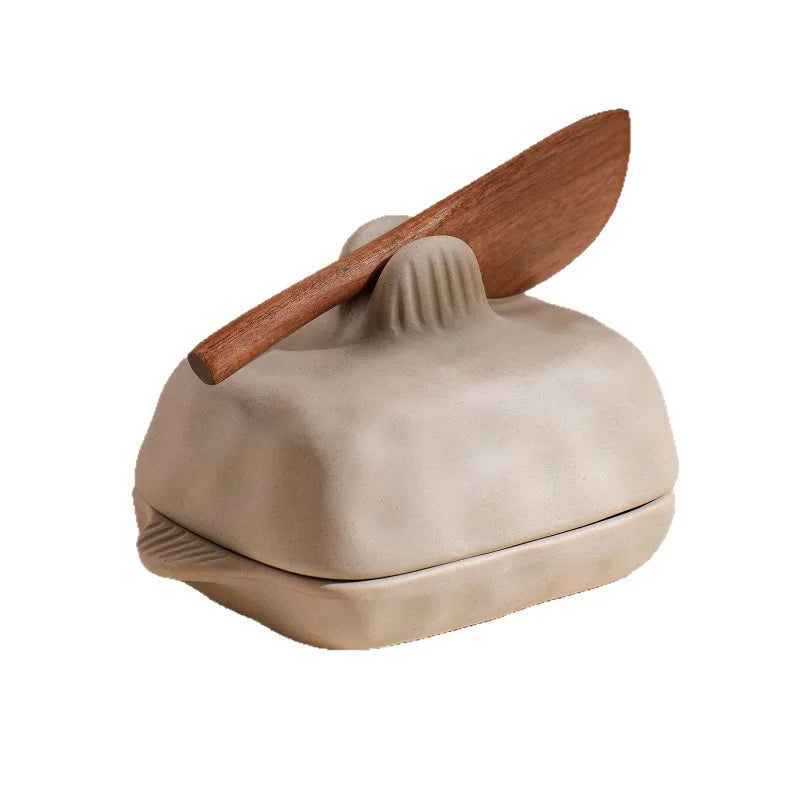 Handmade Coarse Ceramic Butter Dish Lid Creative Textured Rectangular Qme